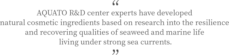 AQUATO R&D center experts have developed natural cosmetic ingredients based on research into the resilience and recovering qualities of seaweed and marine life living under strong sea currents.